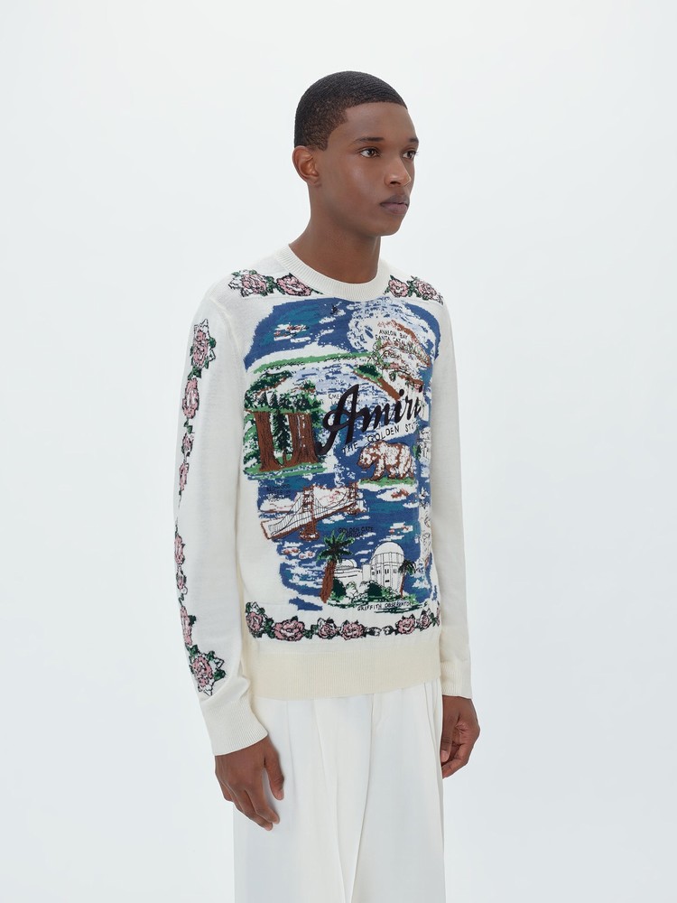 Amiri Aloha Landscape Jacquard Crew Stickat Herr Blå | 50748-PLWT