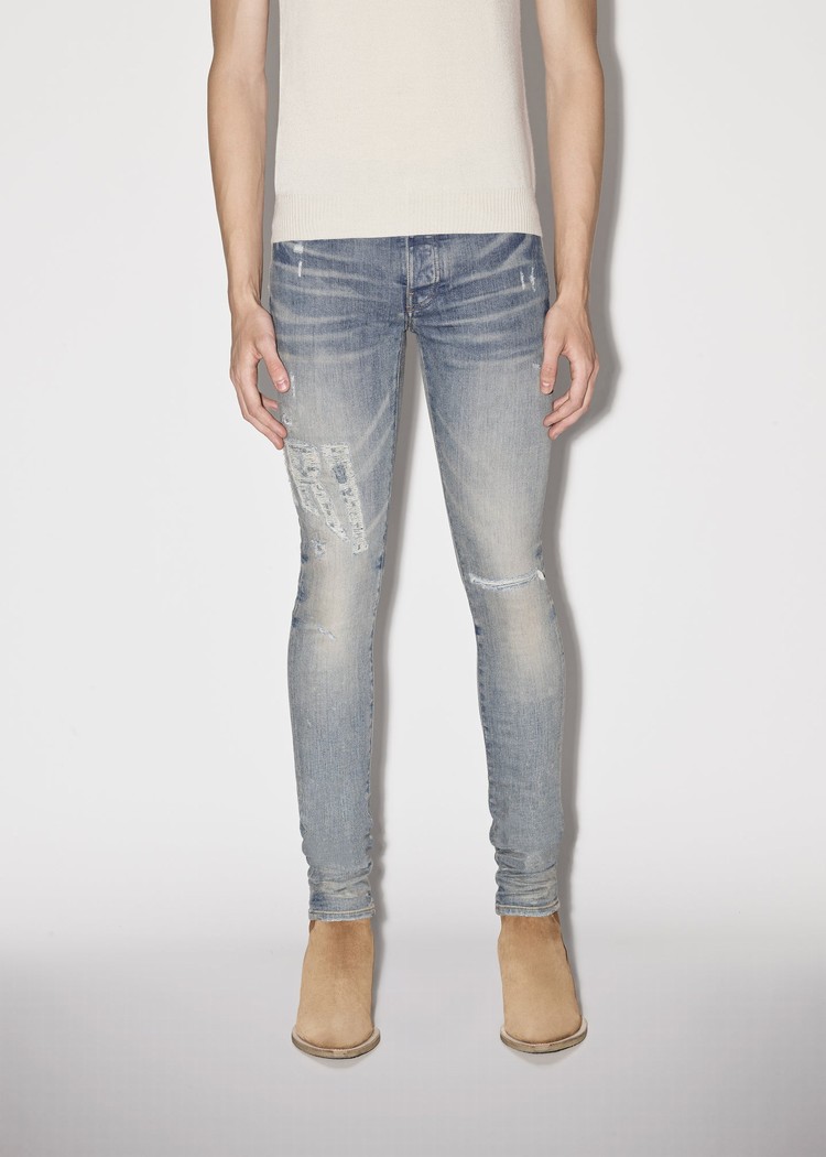 Amiri Distressed Logo Jeans Herr Indigo | 38170-LYXR