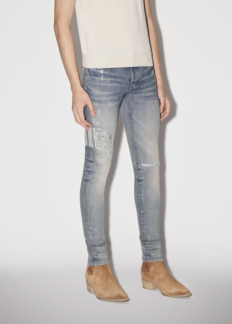 Amiri Distressed Logo Jeans Herr Indigo | 38170-LYXR