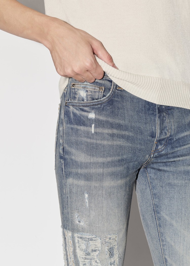 Amiri Distressed Logo Jeans Herr Indigo | 38170-LYXR