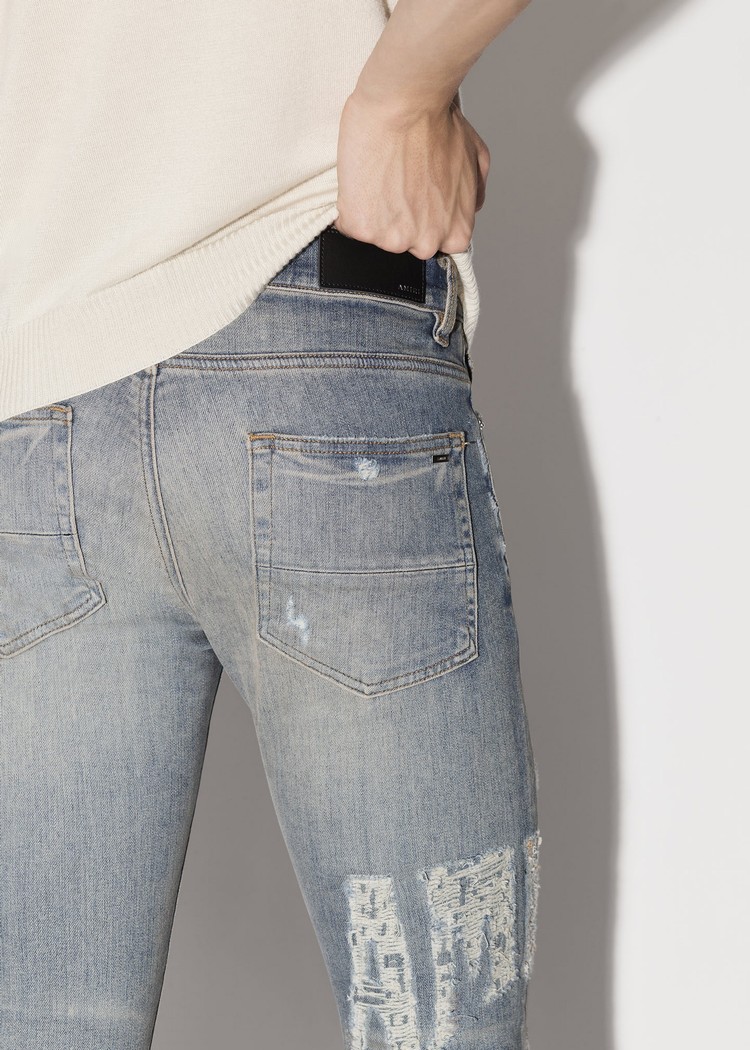 Amiri Distressed Logo Jeans Herr Indigo | 38170-LYXR