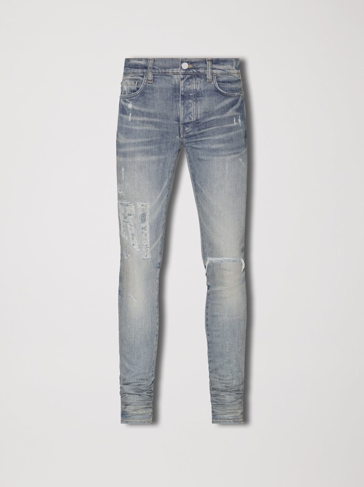 Amiri Distressed Logo Jeans Herr Indigo | 38170-LYXR