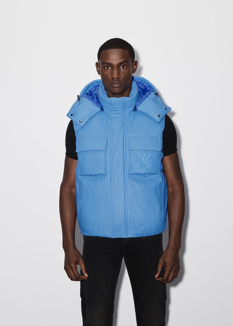 Amiri Hooded Down Gilet Lädertoppar Herr Blå | 02143-BSJZ