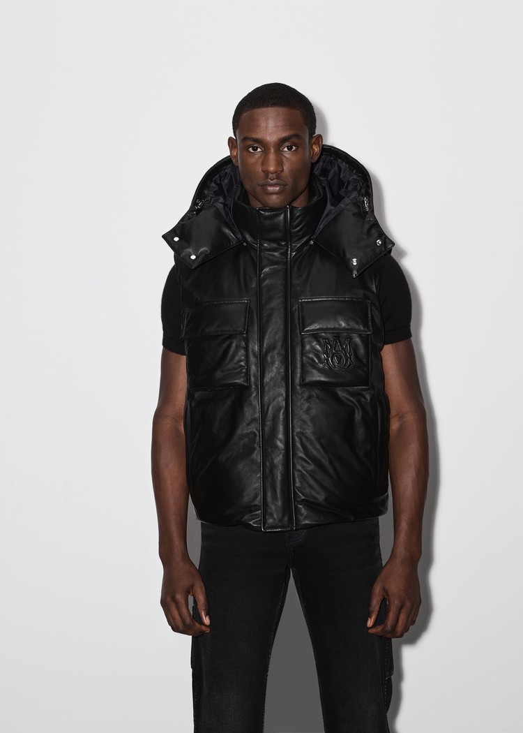 Amiri Hooded Down Gilet Lädertoppar Herr Svarta | 02789-RKTG