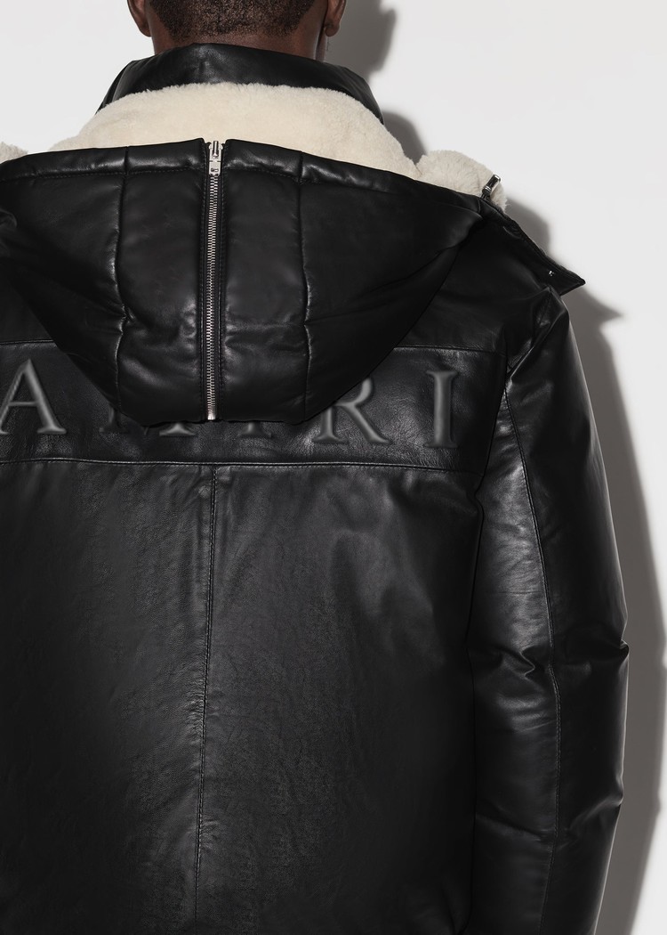 Amiri Hooded Läder Down Jacka Herr Svarta | 14635-YTXM