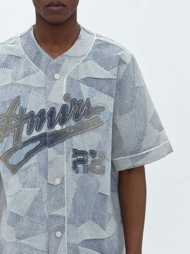 Amiri Patchwork Baseball Skjorta Herr Grå Indigo | 23546-CEVQ