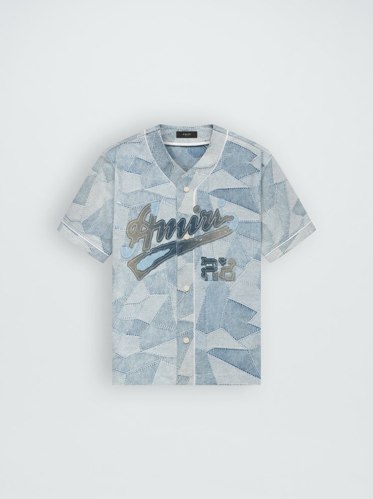 Amiri Patchwork Baseball Skjorta Herr Grå Indigo | 23546-CEVQ