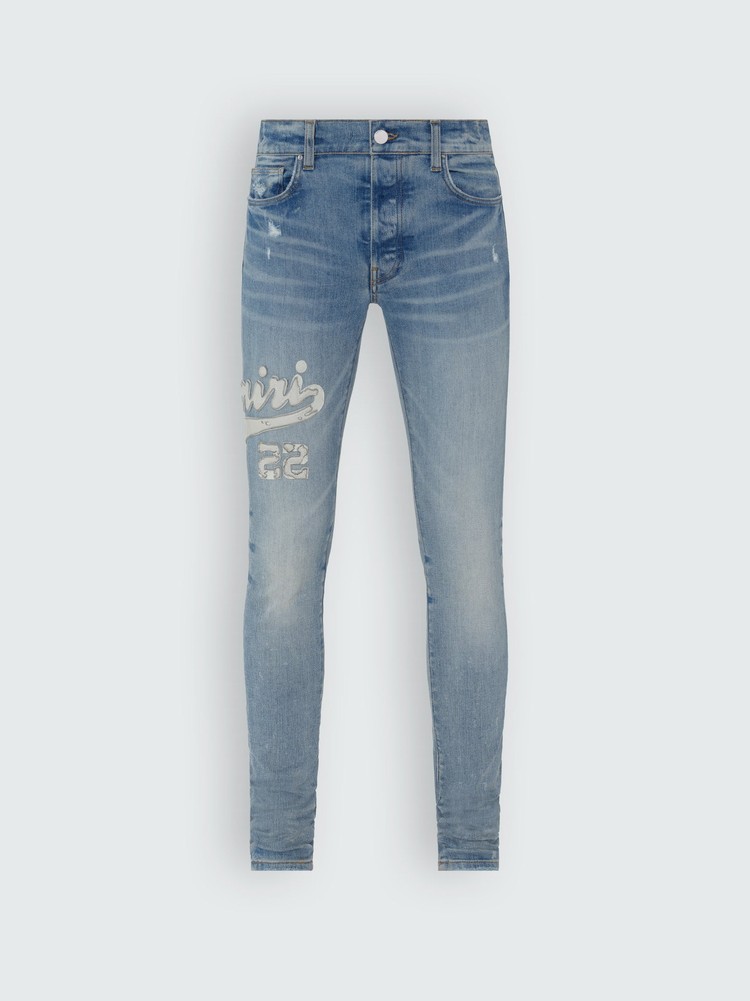 Amiri Varsity Applique Logo Jeans Herr Indigo | 92613-PFCS